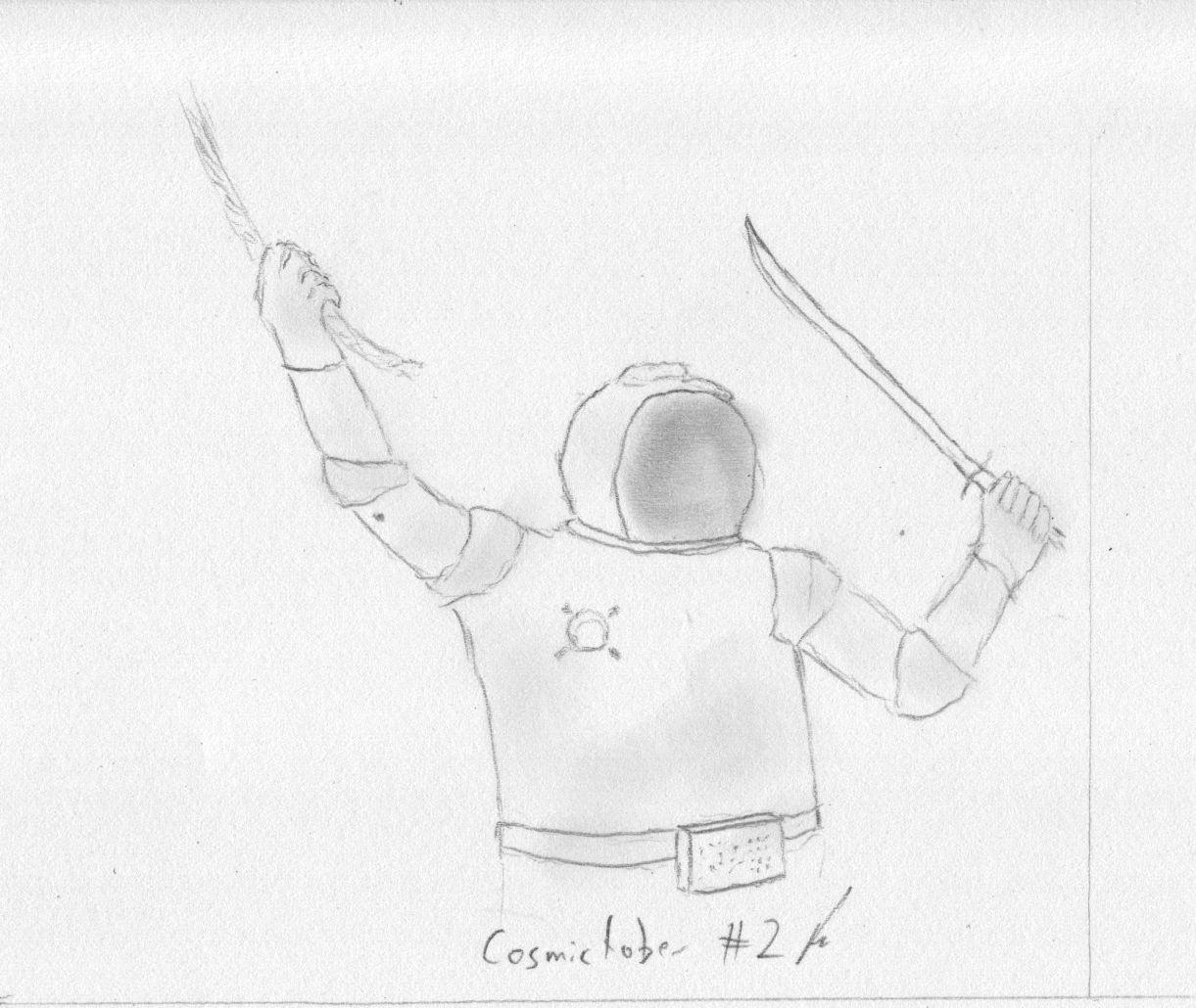 pencil drawing showing a person in a space suit with a rope in over hand and a saber in the other, a space helmet with crossed bones as an homage to the old Jollyroger