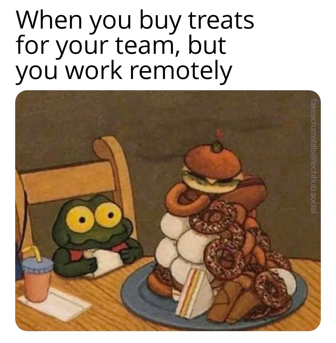Drawing of a frog sitting at a kitchen table with a plate full or snacks and food on the table. Caption: When you buy treats for your team, but you work remote…