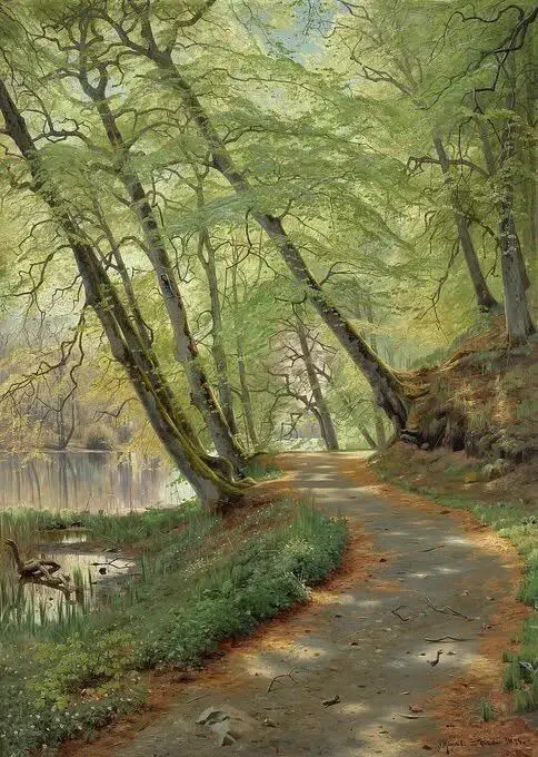 A pathway by a river with spring trees and green foliage in extraordinary detail