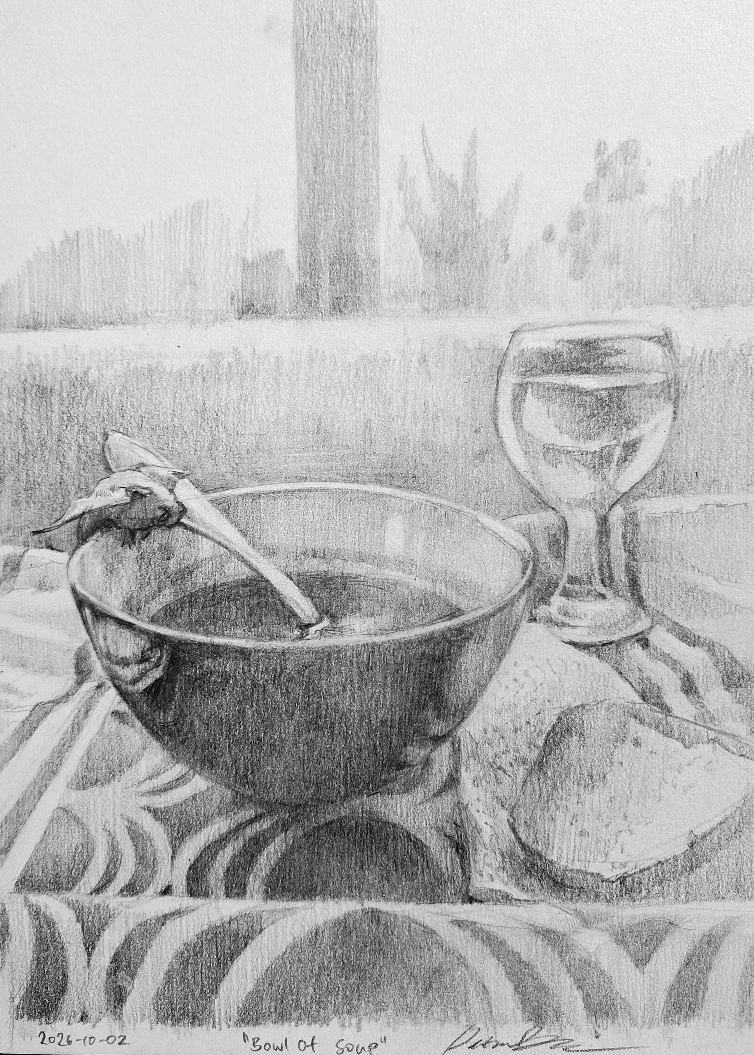 Pencil drawing of a bowl of soup with a winged frog creature (dragon?!) perched on the edge.