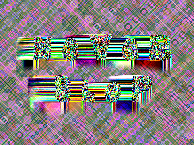a background reminiscent of plaid, mostly pink and green lines at angles diagonal to each other. atop is overlaid the words "never slop" in a blocky typeface that has been filled with noise and then had smearing applied to the left and down. the overall effect is visually offensive.