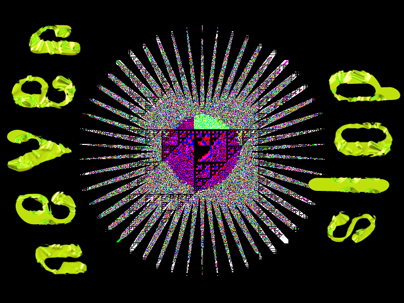 something resembling a sea urchin on a black background, except the spines are filled with colorful static and the center has bit patterns turning it pink and green while continuing to be noisy underneath. The words "never slop" are in green surrounding it but have been turned 90 degrees and set on an arc, one word above and one below. The text is also beveled and textured