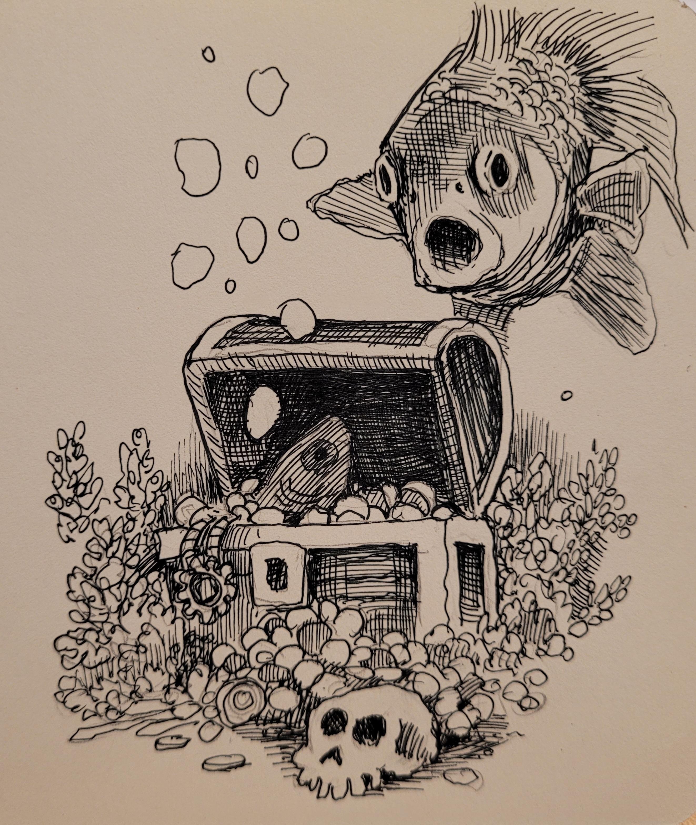 Black ink drawing. A goldfish seems surprised to see an aquarium treasure chest with bubbles and treasure and a decorative skull.