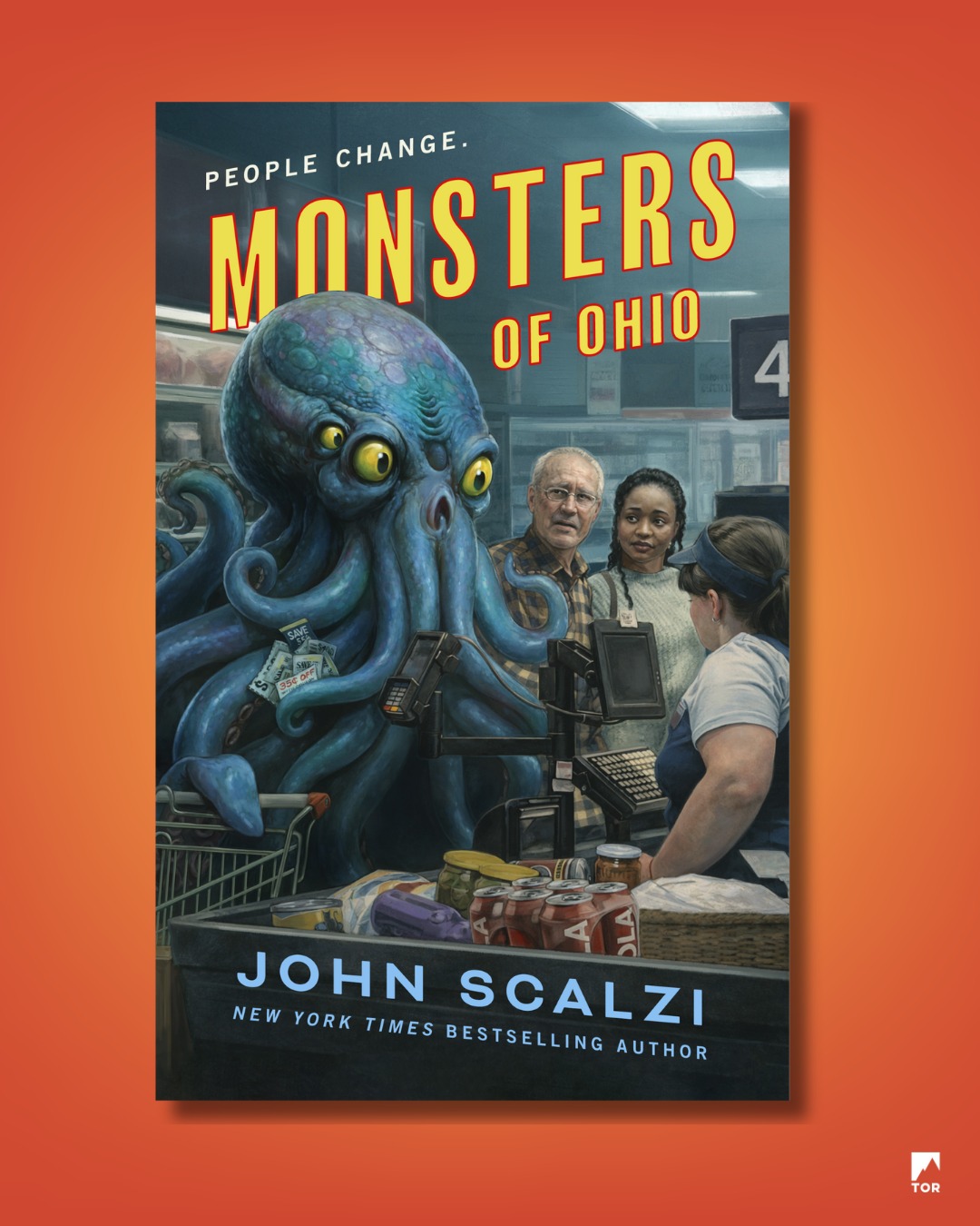 The cover to Monsters of Ohio, created by Michael Koelsch, with a tentacles monster at the grocery store checkout - with coupons!