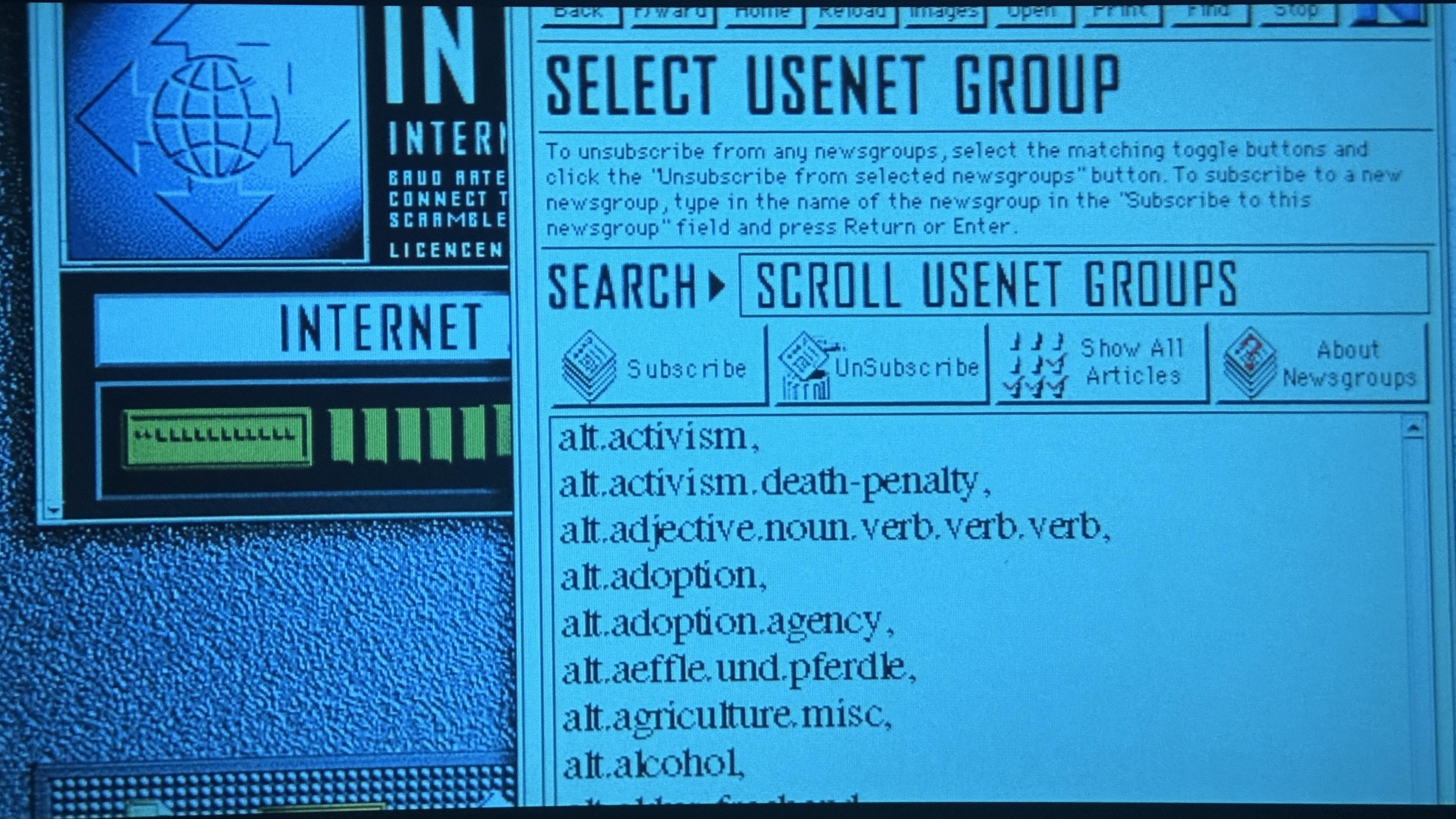Mission impossible (1996) screenshot of a classic Netscape with a throbber listing groups in order