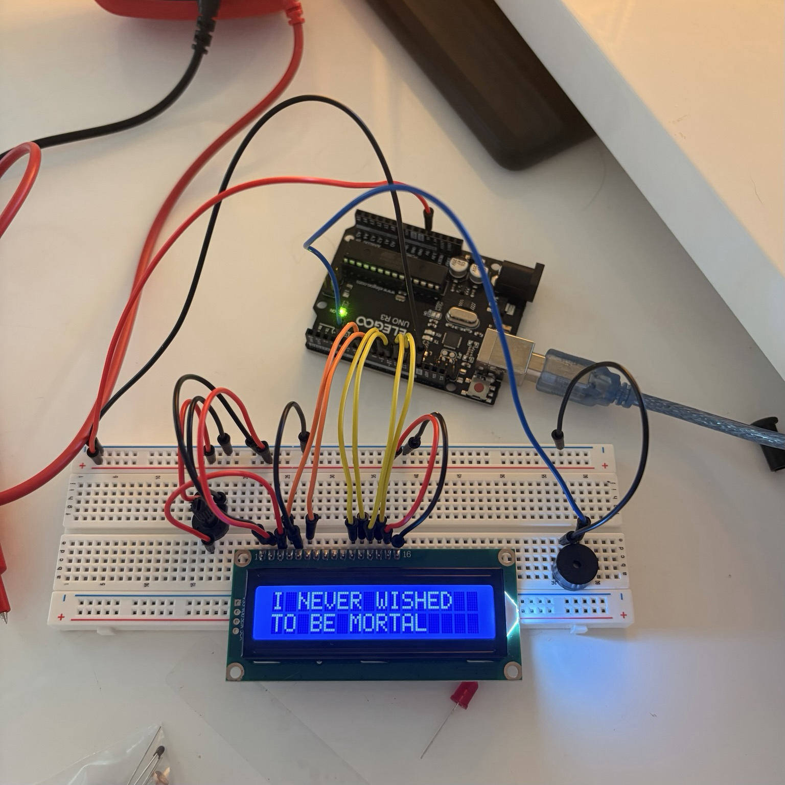crude arduino circuit with an LCD screen saying “I NEVER WISHED TO BE MORTAL”