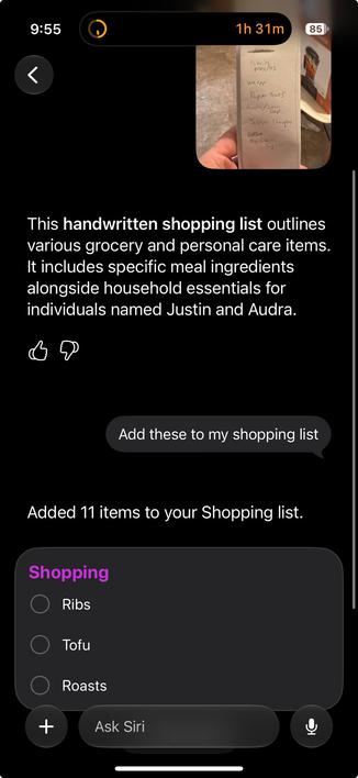 This image is a screenshot of a chat interface showing a conversation about a shopping list. At the top, there is a small preview of a handwritten note with items like "Paper towels," "Audra/Justin Soap," and "Justin Shampoo." Below that, a text description outlines the list as containing grocery and personal care items for Justin and Audra. A chat bubble from the user says, "Add these to my shopping list," and the response confirms, "Added 11 items to your Shopping list," followed by a visual list showing "Ribs," "Tofu," and "Roasts."