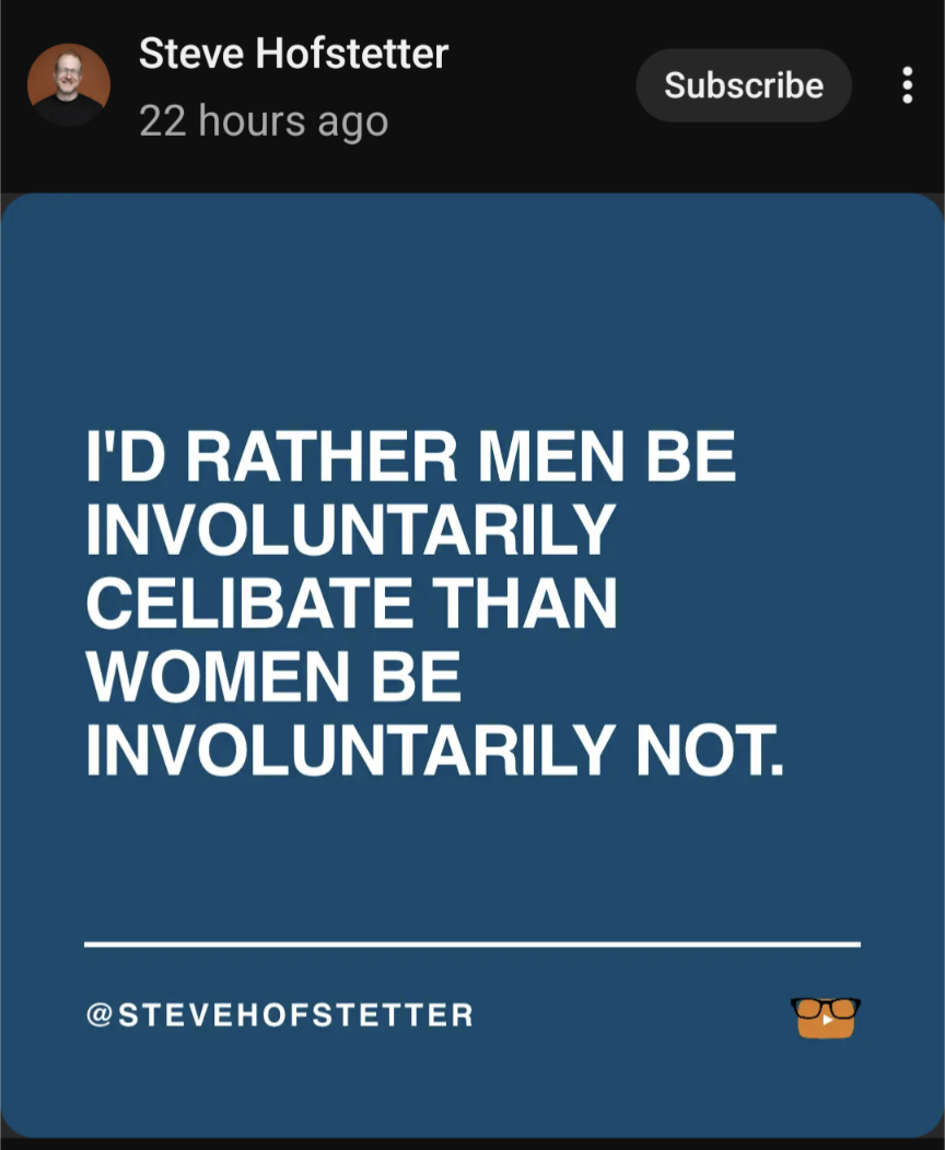 Screenshot from youtube: I'D RATHER MEN BE INVOLUNTARILY CELIBATE THAN WOMEN BE INVOLUNTARILY NOT. @STEVEHOFSTETTER