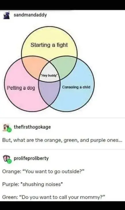 A screenshot of a Tumblr post featuring a humorous Venn diagram. The three main circles are labeled 'Starting a fight' (yellow), 'Petting a dog' (pink), and 'C…