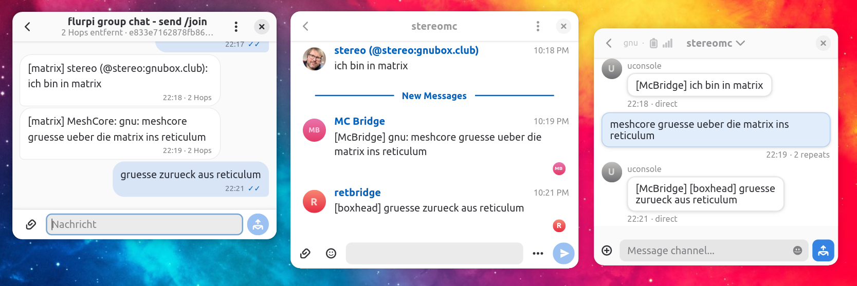 a screenshot showing retchat (reticulum), fractal (matrix and meshy (meshcore) side by side and three setences are bridged into all those three apps/protocols