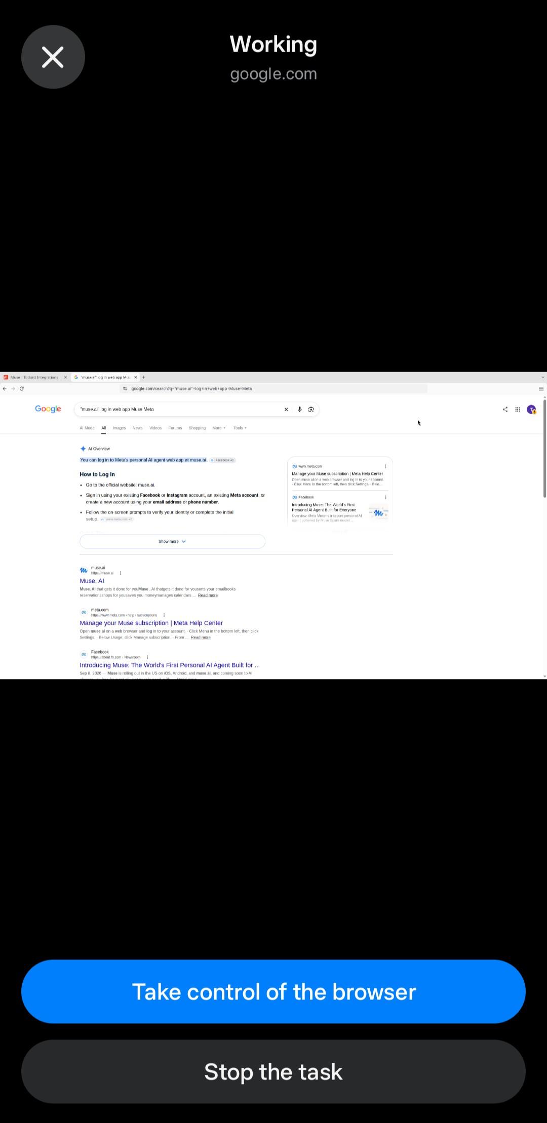 muse's browser automation is searching "muse.ai log in web app Muse Meta"