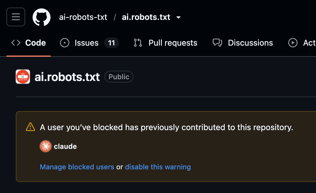 GitHub project "ai.robots.txt" with a notice: "A user you’ve blocked has previously contributed to this repository." That user is "claude".