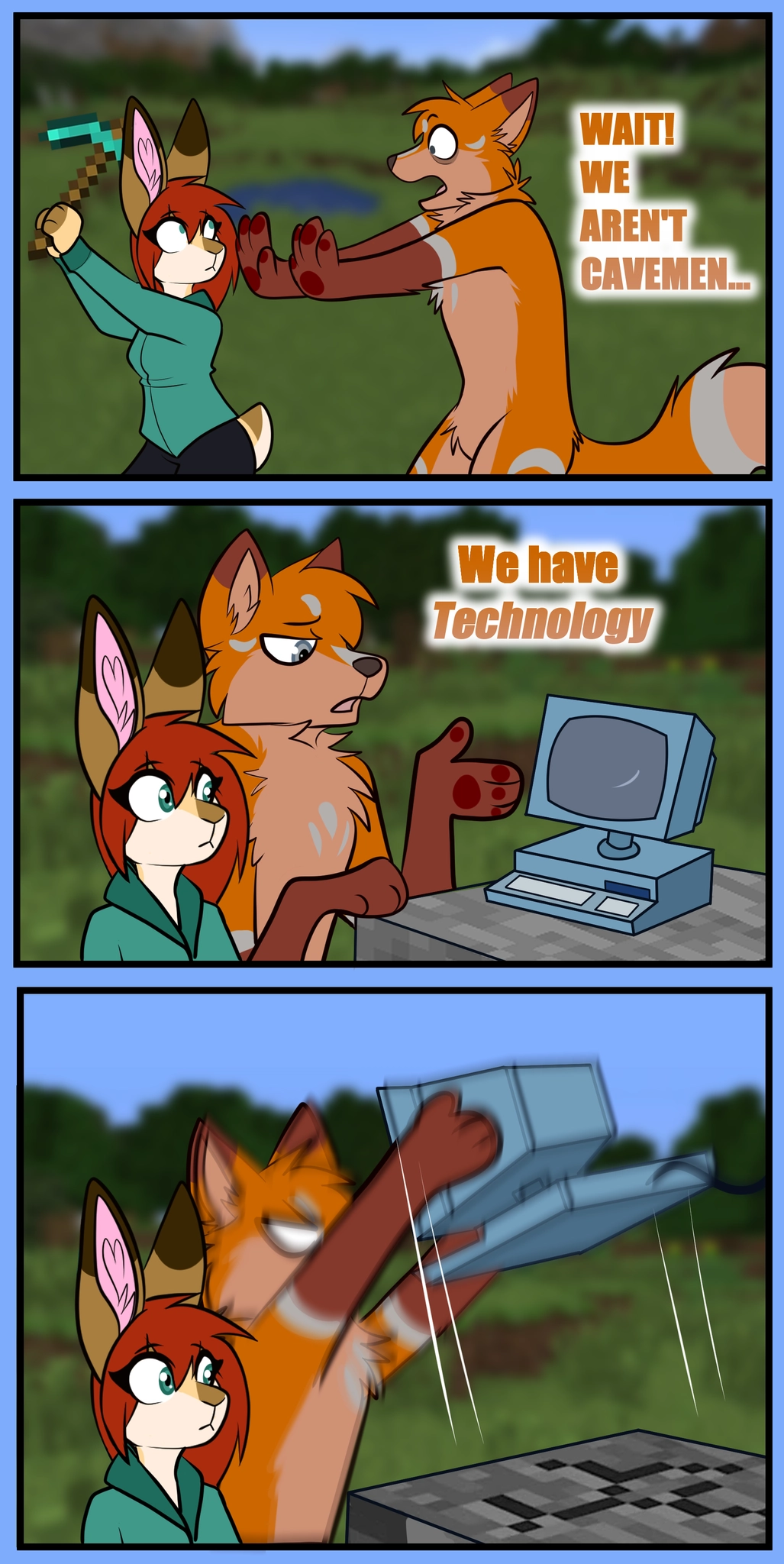 Terrence and Ry are standing in a Minecraft inspired world ... and Ry is beating the crap out of a log with a computer