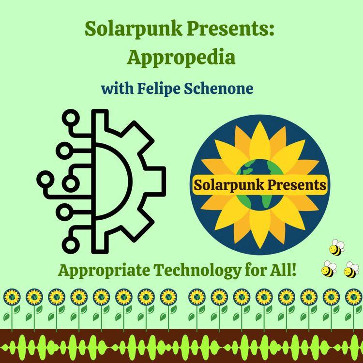 The Solarpunk Presents Podcast cover; a light green square with centred darker green type with the title. The middle of the cover is the SP logo on the right and on the left a similar-sized half-gear; the other half of the gear is stylized motherboard-esque connections.