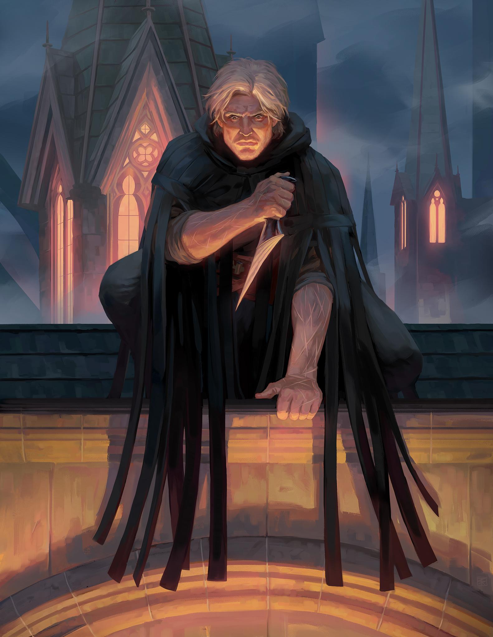Kelsier sitting on a rooftop with dagger in hand.