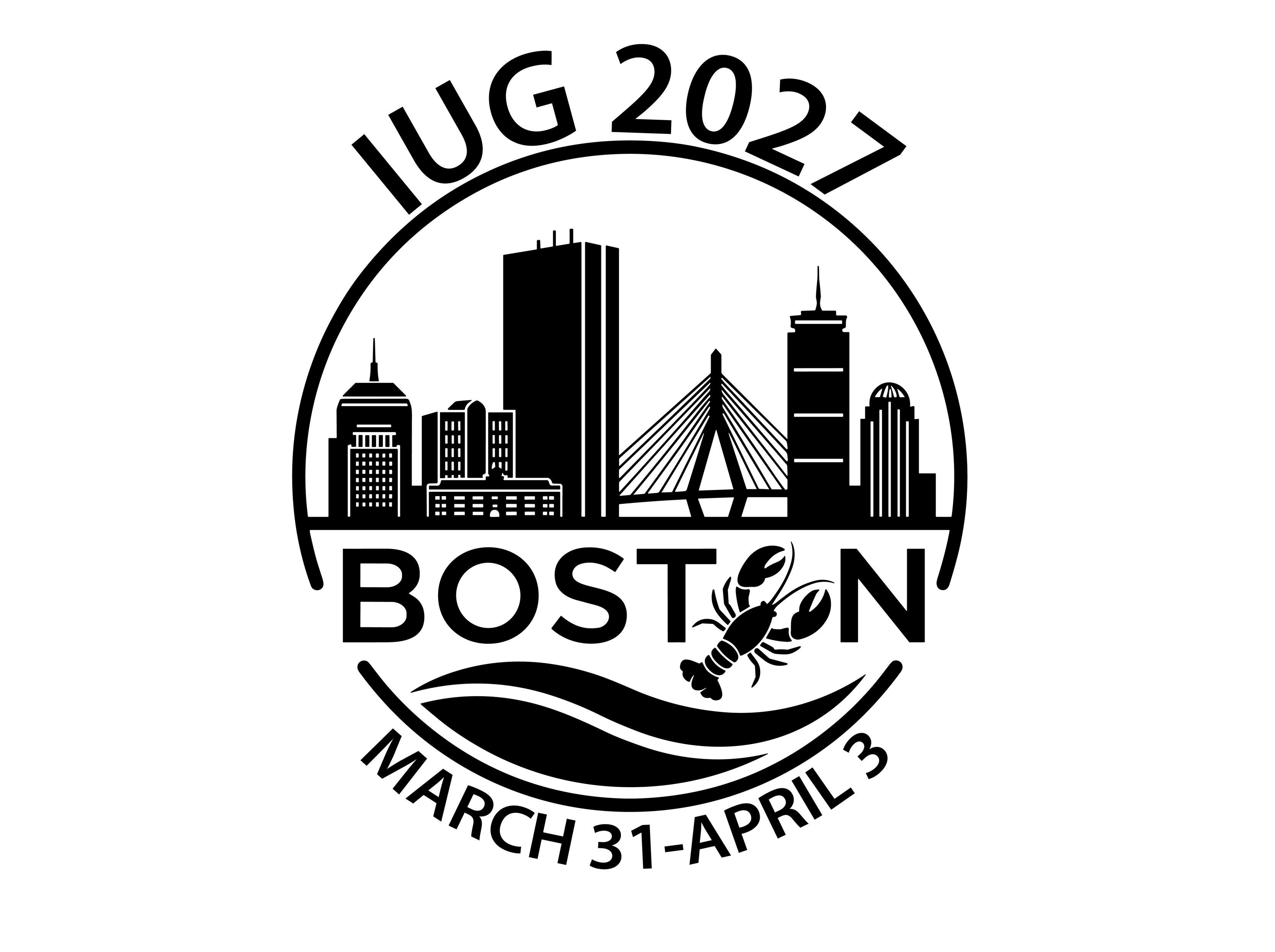 The 2027 IUG Conference Logo. It reads "IUG 2027 Boston March 31 - April 3" and features a stylized Boston cityscape. The word Boston has a lobster's claws forming the O.
