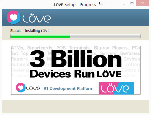 An image of the "Installing Java" window edited to say "status: installing LÖVE. 3 billion devices run LÖVE" and edited to replace all the Java branding with LÖVE