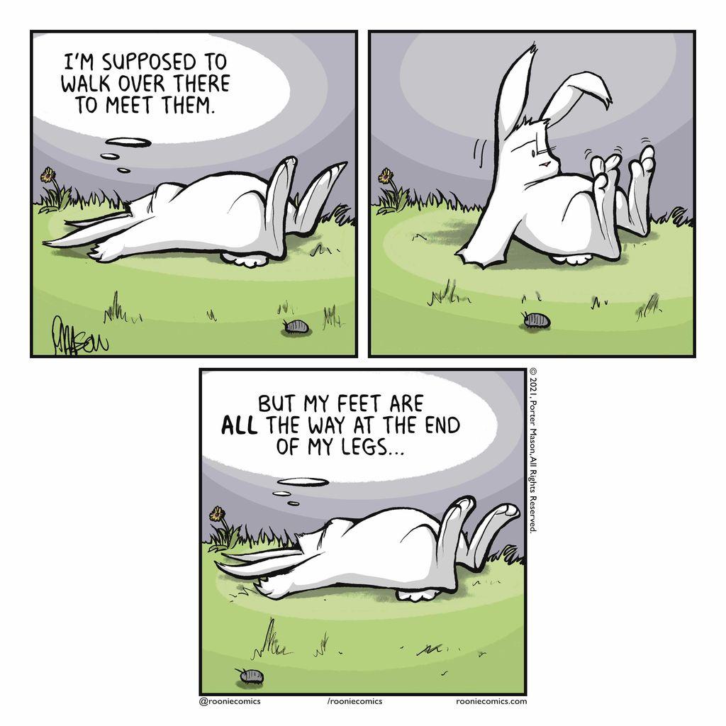 RABBIT (thinking): I'm supposed to walk over there to meet them. | The rabbit sits halfway up and look at their feet. | RABBIT (thinking): But my feet are ALL the way at the end of my legs...