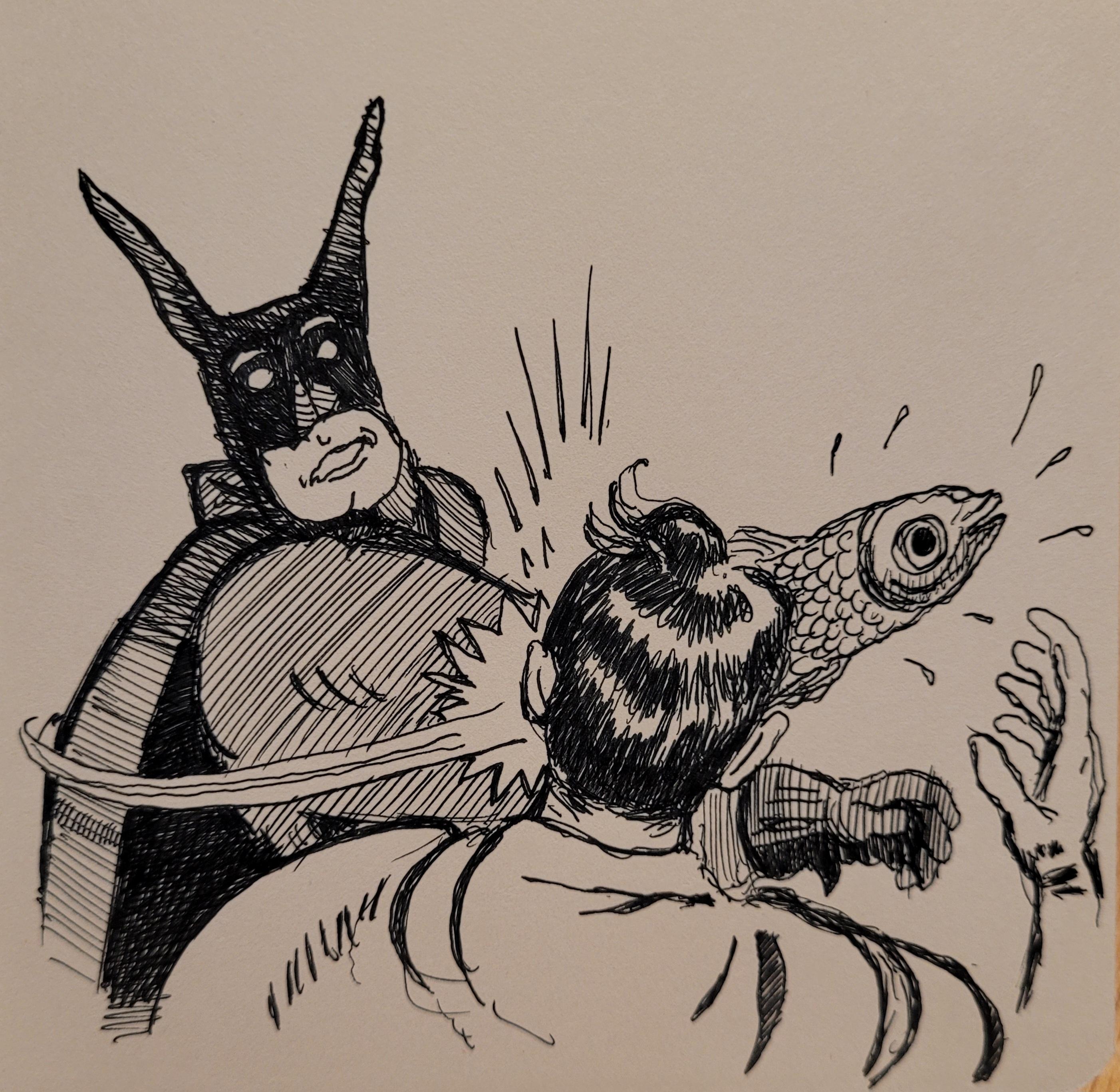 Strange Batman smacking Robin in the face with a fish.  Based on the well-known comic panel often used in memes.