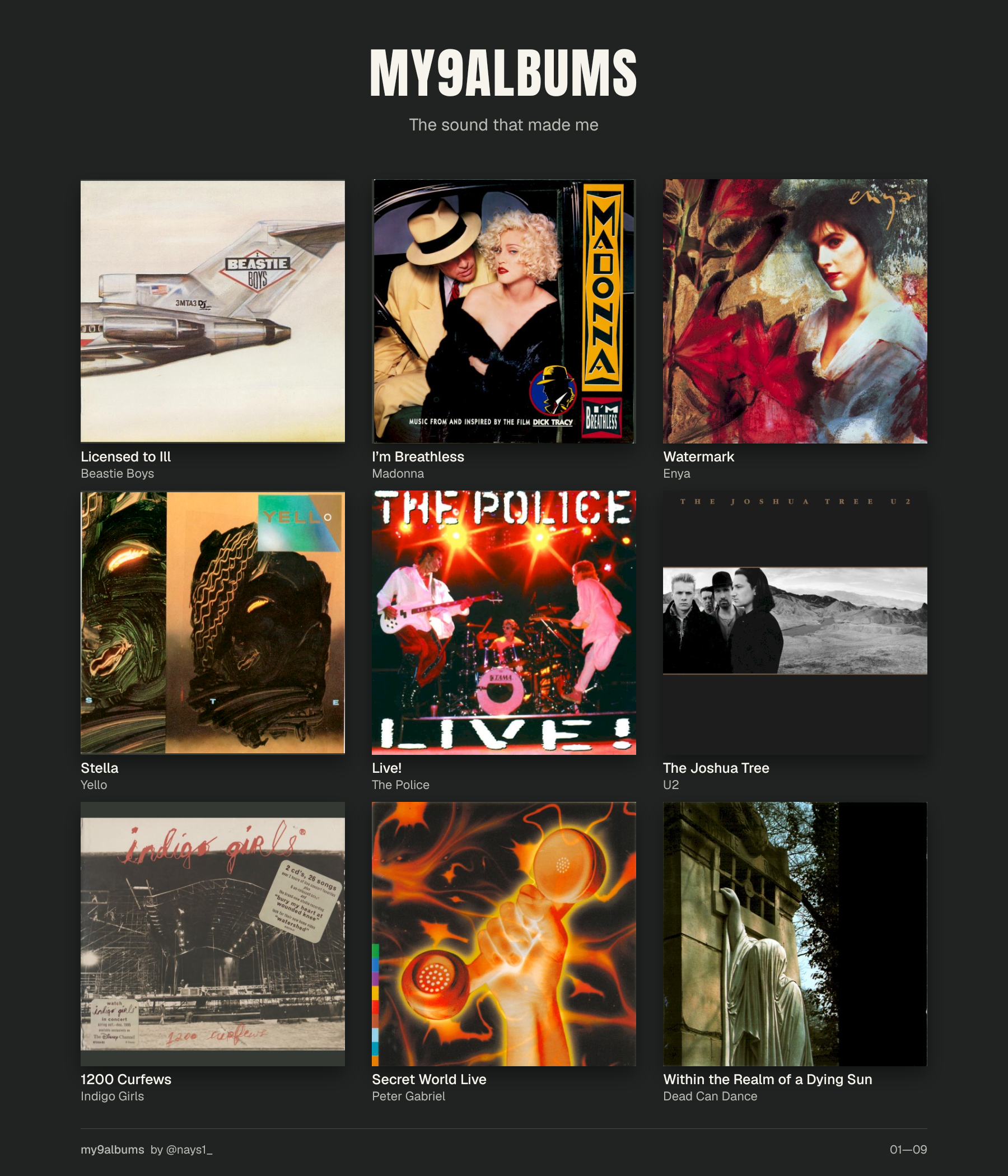 A 3 x 3 grid showing the covers of the albums I mention in the post.