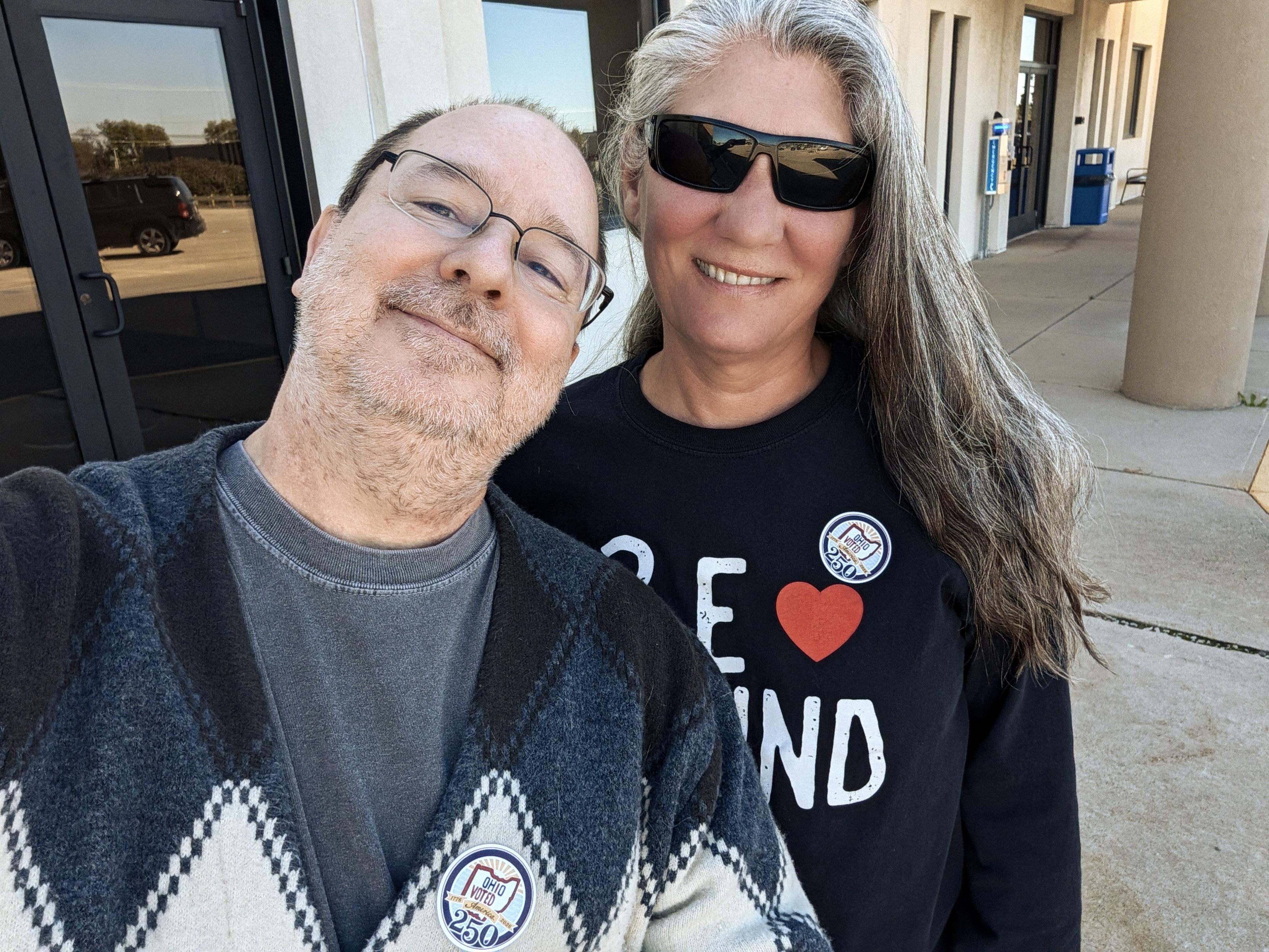 Krissy and me, smiling outside the Darke County Board of Elections this morning.