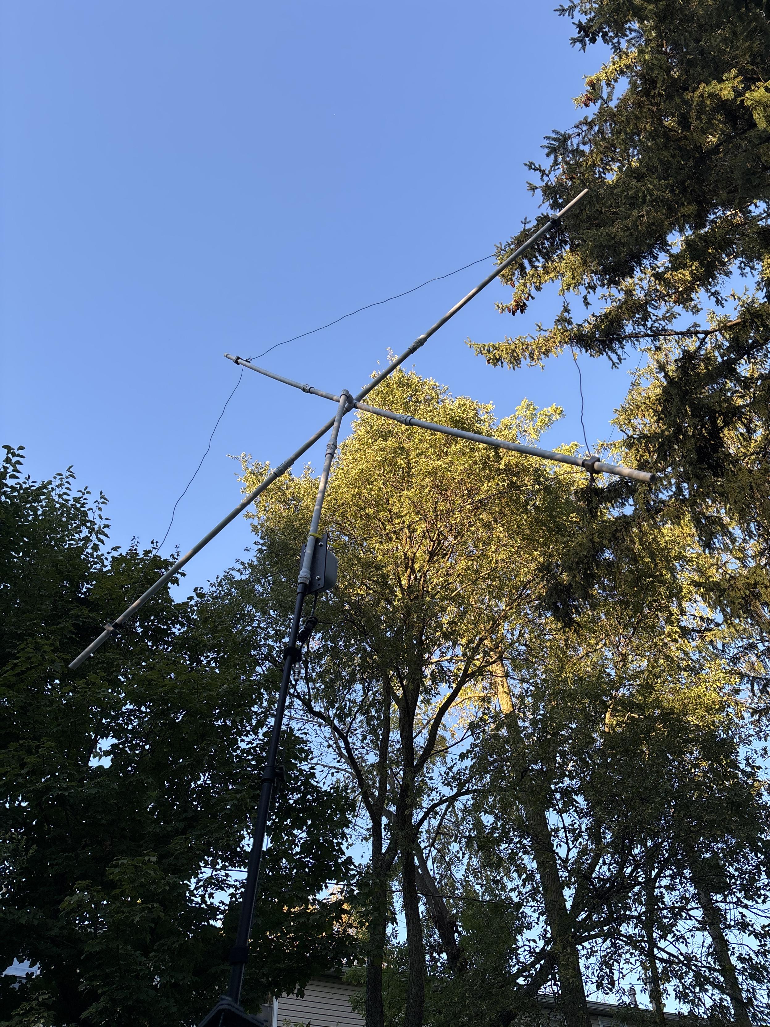 full wavelength 6 meter amateur band square loop antenna mounted with current balun and RFI choke