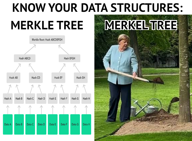meme with two panels, titled "know your data structures": the first panel is a Merkle tree, labeled "MERKLE TREE" the second panel is Angela Merkel planting a tree, labeled "MERKEL TREE"