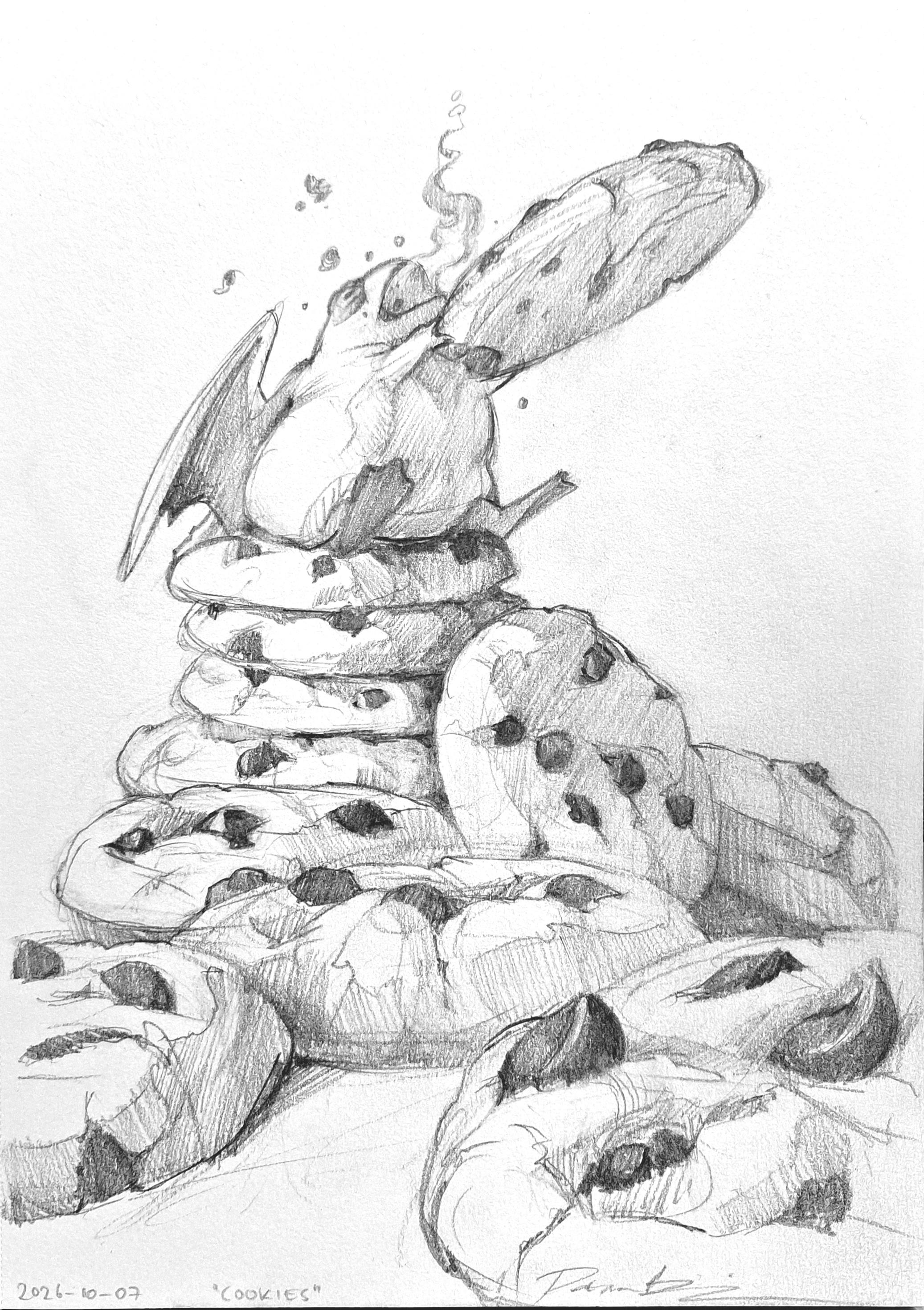 Pencil drawing: Frog dragon eating a cookie while sitting on a stack of chocolate chip cookies.