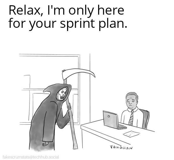 Illustration by Vaughan Tomlinson showing the grim reaper standing in front of a man's desk where the man is sitting with a laptop open in front of him. Captio…