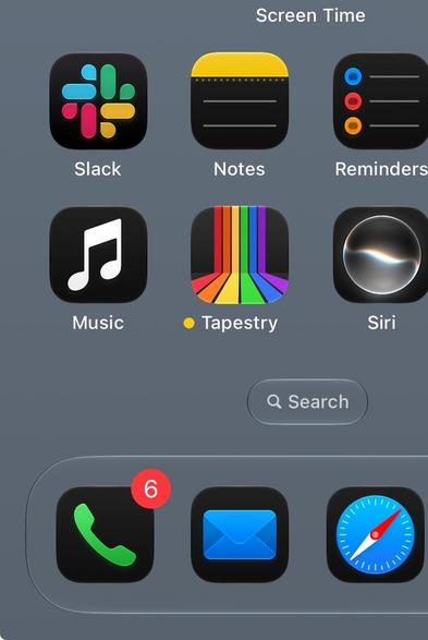 A smartphone screen with app icons on a dark background. The icons include Slack, Notes, Reminders, Music, Tapestry, Siri, a phone with a red badge showing 6, an email envelope, and a Safari browser. A search bar is at the bottom.