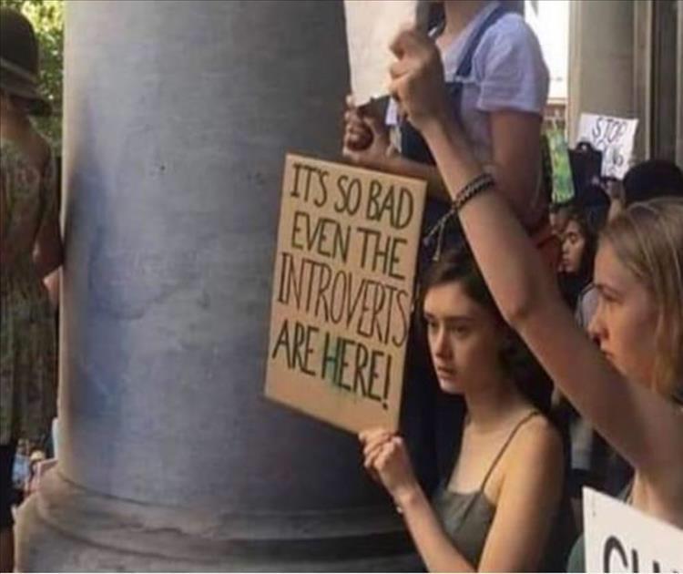Photo of protest, a young woman holding a sign: It's so ba even the introverts are here
