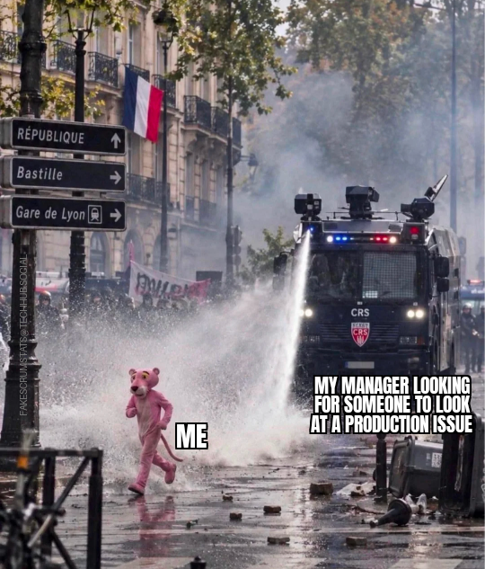 French protester (labeled Me) dressed as the Pink Panther running ahead of a police vehicle (labeled My manager looking for someone to look at a production iss…