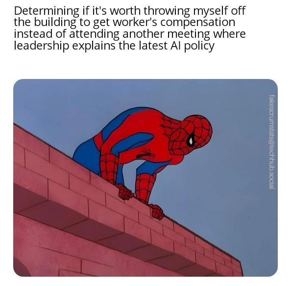 TV cartoon Spider-man looking over the edge of a building. Caption: Determining if it's worth throwing myself off the building to get worker's compensation ins…