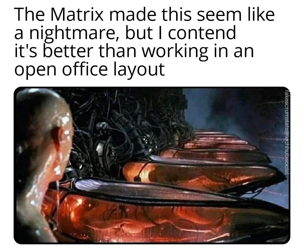 Picture from The Matrix where Neo looks at pods containing others after emerging from one himself. Caption: The Matrix made this seem like a nightmare, but I c…