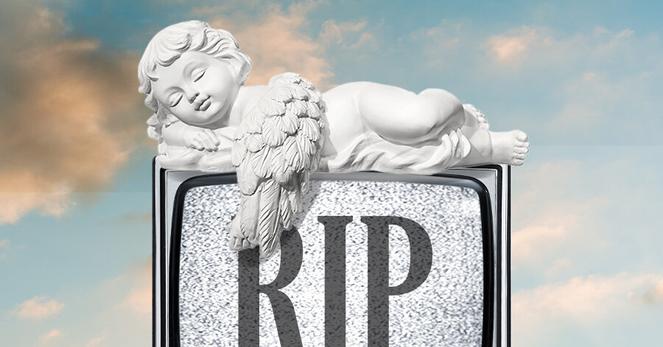 A photo illustration of a cherub laying across a television with “RIP” emblazoned on its face. 