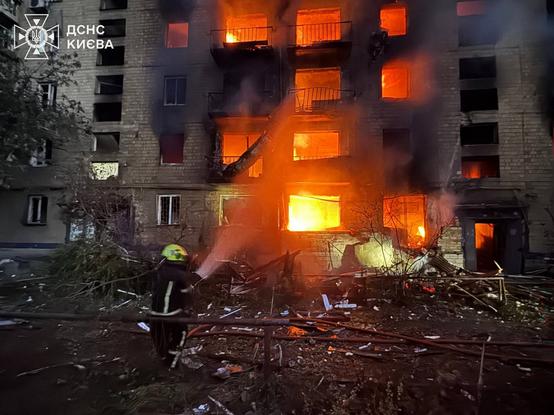 KYIV POST: Kyiv Residential Block Torn Open as Death Toll From Russian Barrage Rises to 8 Images released by Ukraines emergency services showed extensive destruction to a Kyiv residential block after Russias overnight missile and drone barrage, which killed at least eight people. #Ukraine