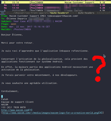 Capture d'écran d'un email du support de wacom