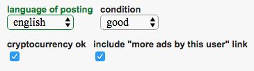 Screenshot of Craigslist interface, showing "cryptocurrency ok" checkbox checked. Also shows "include 'more ads by this user' link" checkbox checked, for comparison.