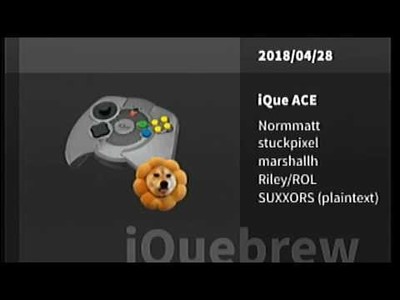 A screenshot of the iQue Player code execution payload: a picture of an iQue Player and a "doge" Shiba Inu in the centre; on the right, a date of 2018-04-28, a header "iQue ACE", and a list of credits: Normmatt, stuckpixel, marshallh, Riley/RoL, SUXXORS (plaintext).