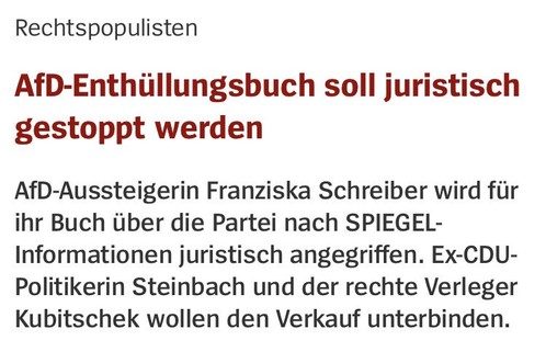 Spiegel Online: Erika Steinbach und andere wollen AfD-Enthüllungsbuch stoppen.