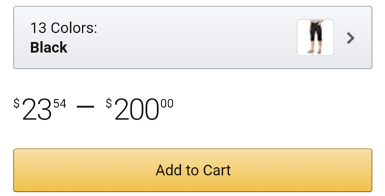 A screenshot for 13 colours of pants, ranging in price from $23.54 to $200.00