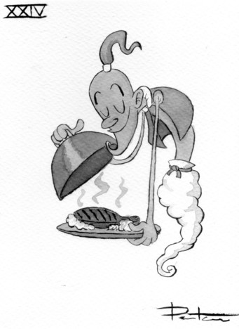 A genie offering a tray with a broiled porkchop.