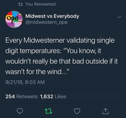 Tweet with text "Every Midwesterner validating single digit temperatures: "You know, it wouldn't really be that bad outside if it wasn't for the wind..."