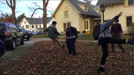 students dance in fallen leaves
