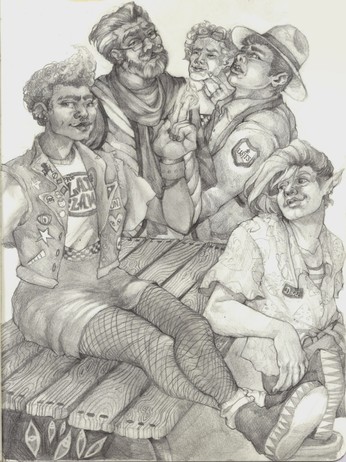 It's fanart of the adventure zone amnesty, done in graphite. Audrey is a young black woman, sitting on a picnic table in punk clothing. She's in a skirt, fishnets, a jean best with various patches, and a t-shirt that says the lady flame. She holds up a finger gun symbol, with her index finger lit on fire. Dani is sitting on the bench part of the picnic tabl, looking at her. Behind the table Duck and Ned stand.