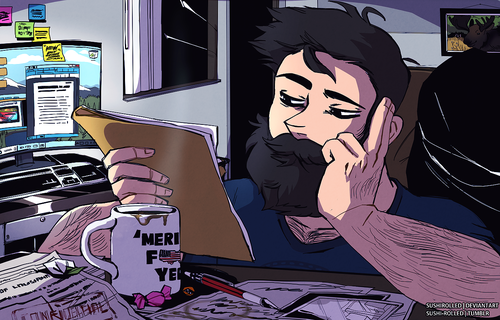 A gruff, bearded man overlooking a recent case pertaining vampire maulings in Lousiana! he's super tired and it's 2am