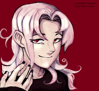 A man with long, white locks (some curl at the ends) and has crimson eyes- he has an unsettling expression