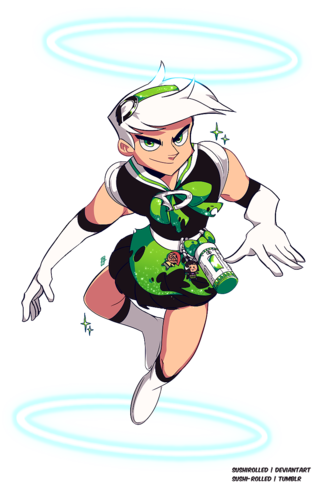 Danny Phantom in a magical girl sailor suit uniform! It's paired with sam and Tucker keychains accompanied by the Fenton Thermos