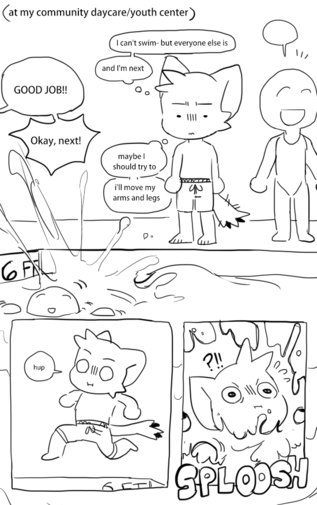 I leap into the pool's deep end, attempting to swim but my efforts were useless and I sunk like a rock!