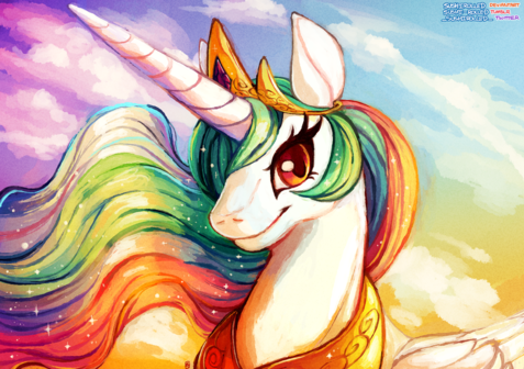 A white horse with multicoloured hair in front of a sunrise stretching out across the sky with pinks, golds, and light blues
